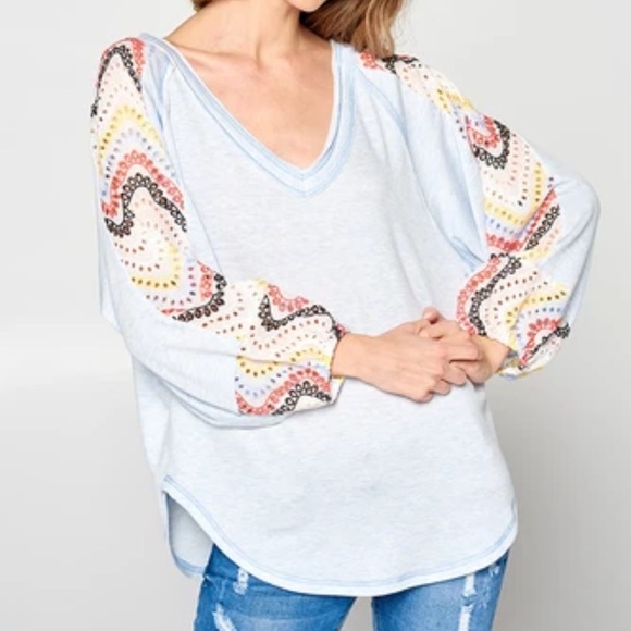 Hummingbird Blue Eyelet Lace Balloon Sleeve Top - Picture 1 of 6